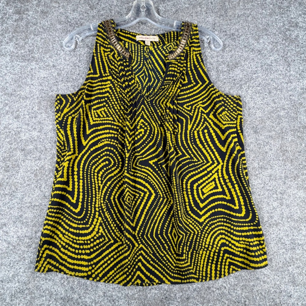 Vtg Banana Republic Heritage Yellow Black Geometric Beaded V-Neck Top Blouse M